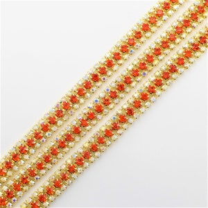 3 Rows Gold Tone Red and AB Clea Rhinestones Trim - Crystal Chain - Wedding Cake Deco - 2mm & 3mm Rhinestone  1 yard