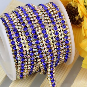 3 rij Gold Tone donkerblauw en AB duidelijk Rhinestones Trim - kristallen ketting - bruidstaart Deco - 2mm en 3mm Rhinestone 1 werf