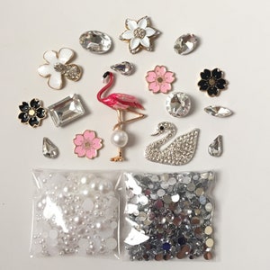 Puede incluir: Surtido de adornos coloridos para el arte de uñas, incluyendo flores, un flamenco, un cisne y perlas. También hay dos bolsas de pedrería transparente.