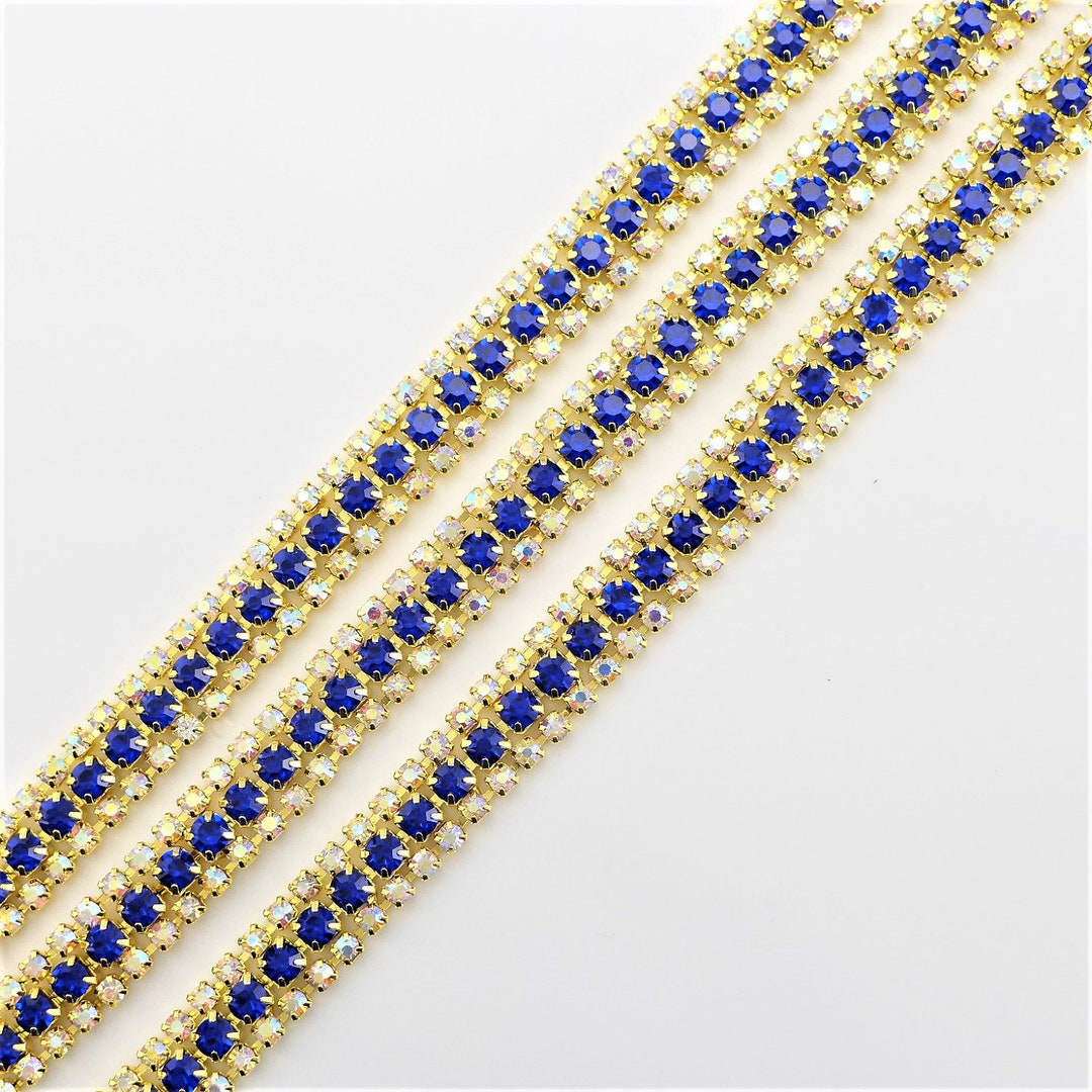 3 Rows Gold Tone Navy Blue and AB Clear Rhinestones Trim - Crystal ...