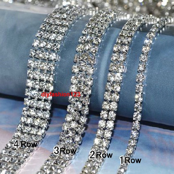 Clear Rhinestone Trim Silver Tone - Crystal Trim - Rhinestone Chain - Silver Tone - Cup Chain - 1 row 2 rows 3 rows 4 rows 6 Row 1 yard