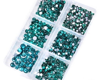 Teal Green - 1180 Pieces 6 Sizes in Box High Quality Flat Back Glass Rhinestones / Cell Phone Deco / Nail Art Deco