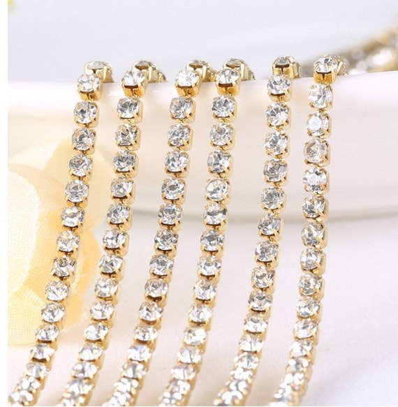 4mm Big Rhinestone Trim ( ss16 ) - Crystal Trim - Rhinestone Chain - Gold Plated Rhinestone trim Cup Chain - 1 row  1 Yard