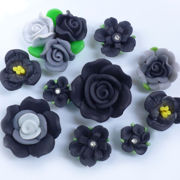 10 pc Mixed Black Clay Flowers Cute Japanese Kawaii Flat Back Resin Decoden Cabochons For Your DIY Project