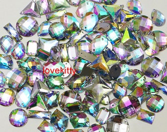100 pcs lot --- Sew-On Gems / Beads --- AB Clear Mixed Shapes Flat Back Gems -- ( Medium size 16mm - 25mm has thread holes )