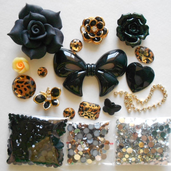 Sale -- DIY 3D Big Black Bow Bling Bling  Kawaii Resin Flatback Decoden Cabochons Cell Phone Case Deco Kit