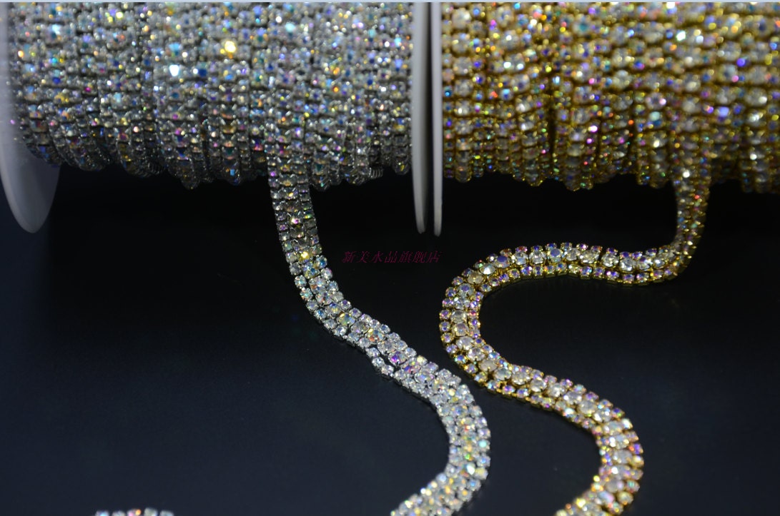 3 Rows Silver or Gold Tone AB Clear Rhinestone Trim - Crystal Trim ...