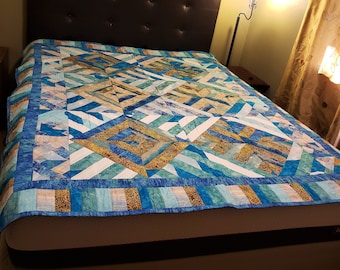 Ocean and Sand Full Size 100% Cotton Quilt Blanket | Handmade Beach Theme Quilt | Coastal Patchwork Throw | GG Designs
