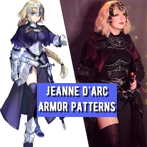 Puede incluir: Una ilustración digital de un personaje femenino con armadura plateada, capa negra y espada. Una foto de una persona con un disfraz de armadura similar en negro y plata con el texto "JEANNE D'ARC ARMOR PATTERNS" en azul.