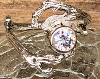 Natural twig branch ring Holding a Cubic Zircon cast in solid Sterling Silver