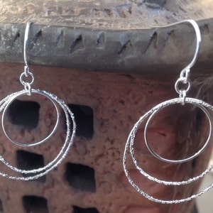 Hoop Earrings  triple Sterling Silver diamond pave&#39;tooled