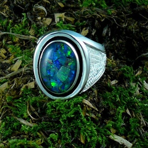 Opal Blue Mosaic Triplet Oval Mans Ring Sterling Silver - Etsy