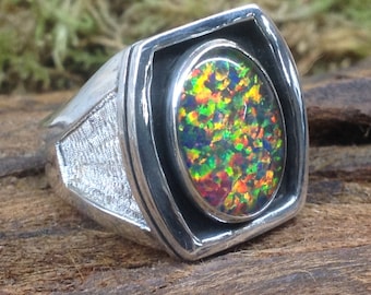 Opal Triplet Mans Ring Sterling Silver