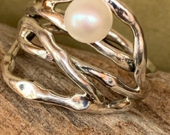 Seaweed ring cast in solid Sterling Silver with white button pearl