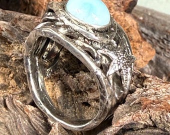 Abstract Textured Sterling Silver Ring with Larimar and starfish