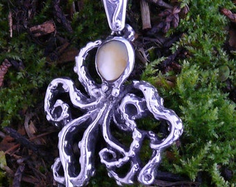 Octopus Pendant Sterling Silver With Gold Lip Mother of Pearl, Kraken, Squid