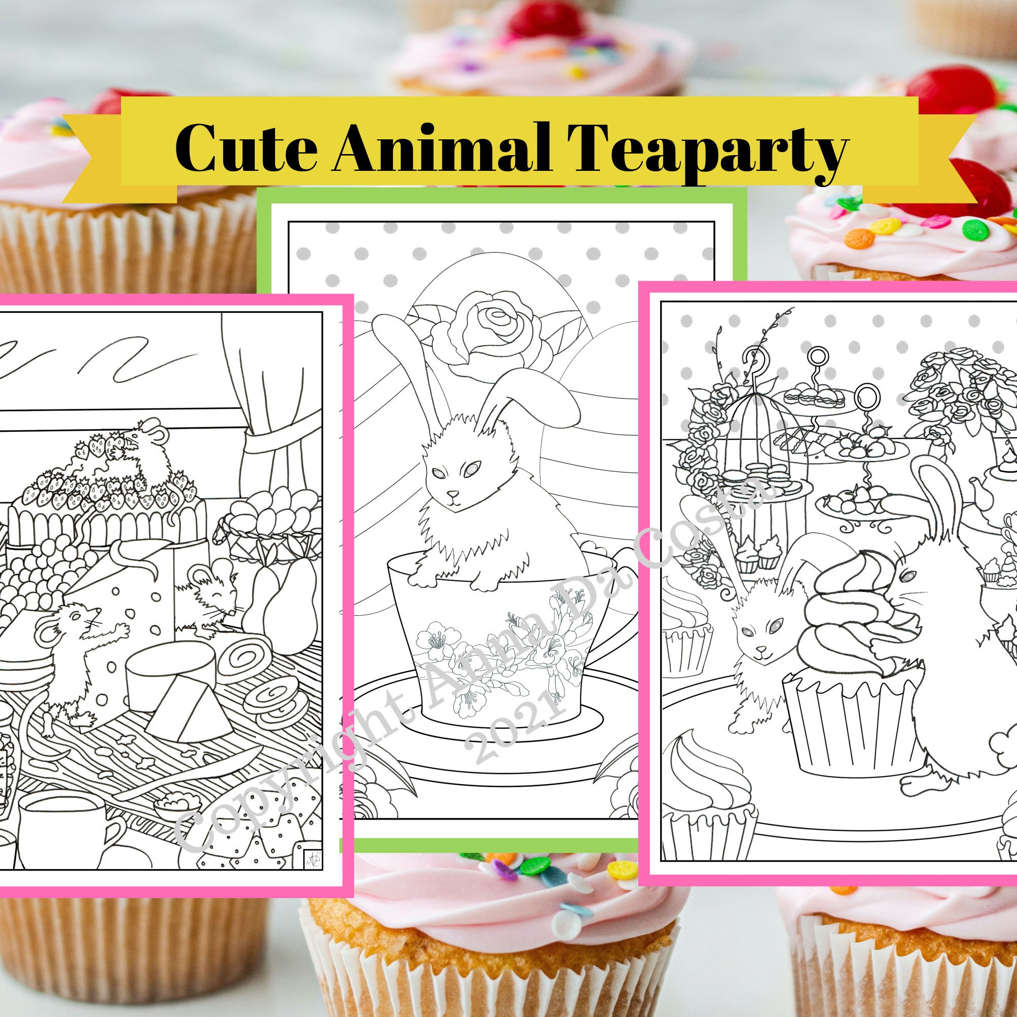 Cute Animal Teaparty Coloring Pages Bunny Teacup Bunnies Mice Food PDF ...