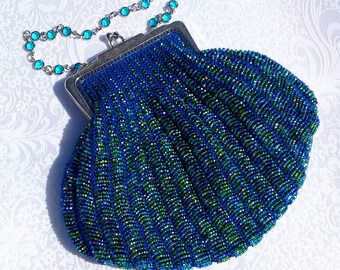Aqua-on-Royal Bead-Knitted Handbag