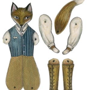 May include: A paper cut-out doll of a fox, wearing a blue striped waistcoat, white shirt, and brown trousers. The doll has separate arms, tail, and boots. The text "The Dapper Fox cut out doll" is at the top.