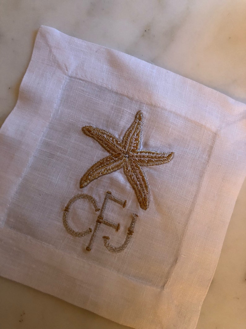 Starfish Embroidered Monogram Linen Cocktail Napkins set of 4