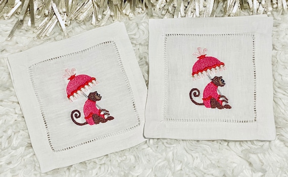Chinoiserie Monkey Linen Cocktail Napkins