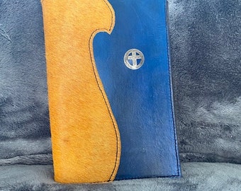 Leather Bible Cover includes Bible, with Hair-on cowhide Blue and Gold