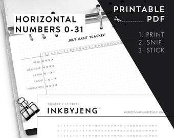 Printable PDF - Horizontal Numbers 0-31 / time habit trackers time ladders | Fits 5mm Grid | Print & Stick | Printable Stickers for Planners