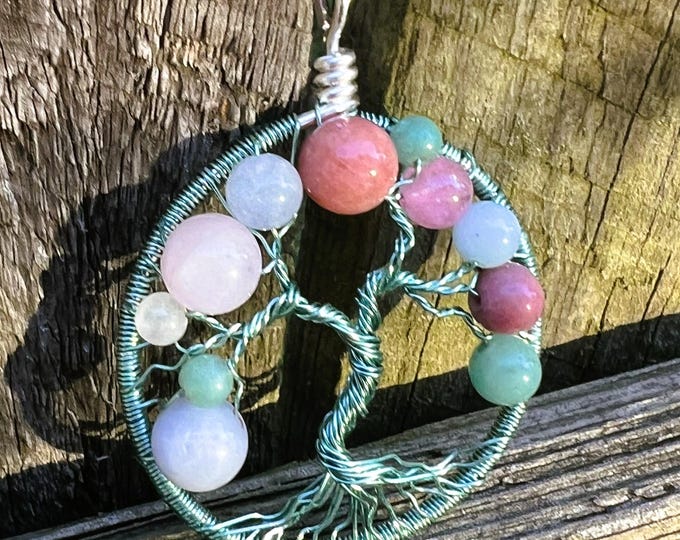 Bubble Tree of Life Pendant with Strawberry Quartz, Rose Quartz and Aventurine