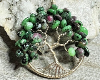 Sterling Silver Ruby Fuchsite Tree of Life Pendant: Heart Stone Necklace