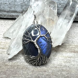 Labradorite Tree-of-Life Wrapped Pendant, Purple Flash Labradorite Tree of Life Necklace, Silver Wrapped Labradorite Jewelry