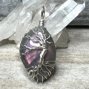 Marquise Labradorite Tree-of-Life Wrapped Pendant, Purple Flash Labradorite Tree of Life Necklace, Silver Wrapped Labradorite Jewelry