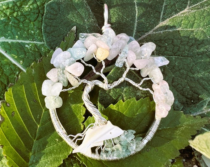 Morganite Tree of Life with Aquamarine roots and Mother of Pearl Fish