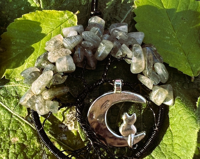 Cat Moon Labradorite Silver Tree of Life Pendant