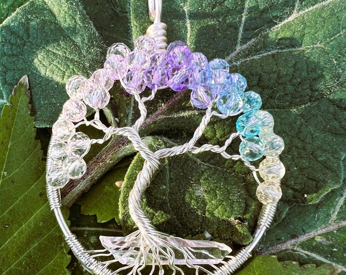 Pastel Rainbow Crystal Silver Tree of Life with Quartz Point