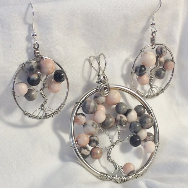 Pink Zebra Jasper Tree of Life Necklace with Matching Earring 40% off