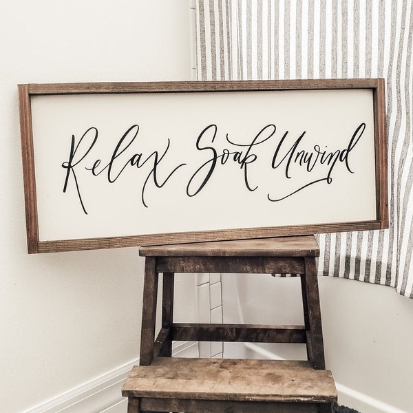 Relax Soak & Unwind Bathroom Sign | Farmhouse Wall Decor | Wood Framed Sign | Rustic Wall Art | Framed Wall Art, Farmhouse Style