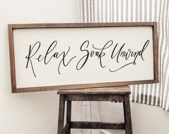 Farmhouse Relax Soak & Unwind Bathroom Sign | Farmhouse Wall Decor | Wood Framed Sign | Rustic Wall Art | Framed Wall Art, Farmhouse Style