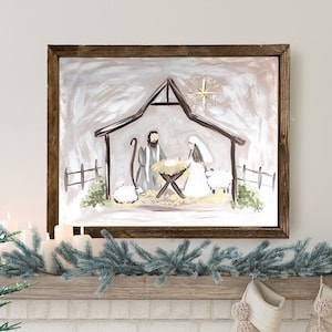 Pintura de Navidad de la Natividad, Navidad de la granja, decoración rústica de las vacaciones de Navidad, signo de arte de la pared de Navidad, impresión de calidad del regalo de Navidad imagen 1