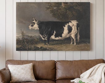 Vintage Cow Oil Painting, 19th Century Art Print, Farmhouse Canvas Wall Art