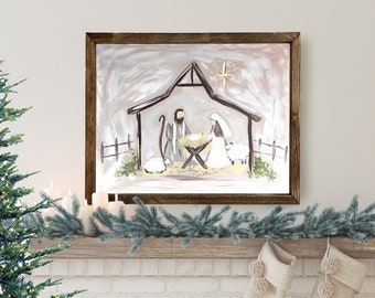 Nativity Christmas Painting, Farmhouse Christmas, Rustic Christmas Holiday Decor, Christmas wall Art Sign, Christmas Gift Quality Print