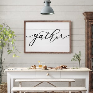 Gather Sign Shiplap Calligraphy | Dining Room Sign | Farmhouse Wall Decor | Housewarming Gift | Rustic Wall Art | Framed Wall Art