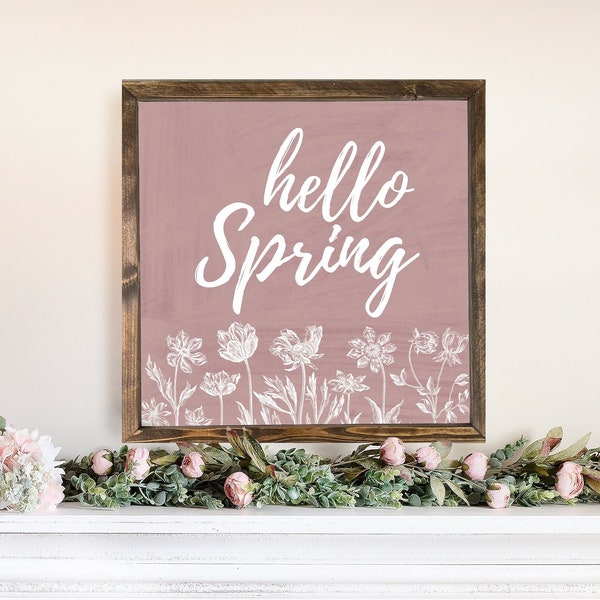 Floral Hello Spring | Wood Farmhouse Sign, Spring Wall Art, Pink Spring Decor, Hello Spring Sign, Spring Decorations