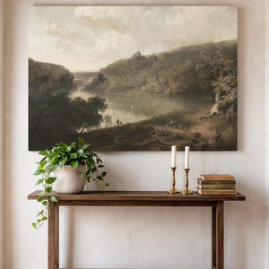 Pintura al óleo vintage de un lago en verano, paisaje del siglo XIX para pared.