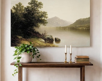 Vintage Lake George Oil Painting, 19th Century Landscape Wall Art