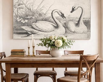 Vintage Swan Oil Painting, 19th Century Inspired Wall Art Canvas