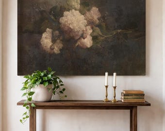 Moody Peony Floral Oil Painting, Vintage Framed Wall Art, Farmhouse Canvas Print