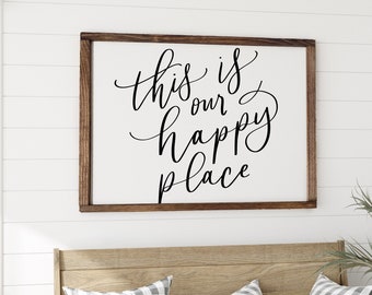 This is Our Happy Place Sign | Living Room Signs | Wood Framed Sign | Farmhouse Signs | Above the Couch Sign | Entryway Sign