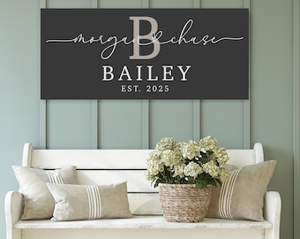 Personalized Last Name Monogram Sign, Gift for Couple, Bedroom Sign, Over Bed Sign, Monogram Family Name Sign Canvas Sign, Canvas Wall Art