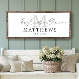 Personalized Last Name Monogram Sign, Gift for Couple, Bedroom Sign, Over Bed Sign, Monogram Family Name Sign, Wood Framed Wall Art