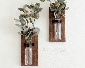 Rustic Wood Farmhouse Sconces, Wood Wall Sconces, Farmhouse Wall Decor, Propagation Wall Hanging, Glass Wall Vase Set of 2, Boho Wall Sconce